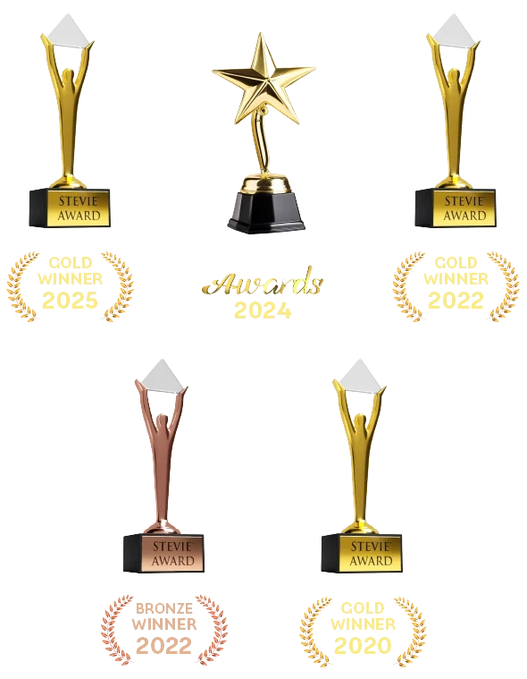 Five award trophies with text showing Stevie and European Contact Centre awards from 2020 to 2025 for sales and customer service excellence.