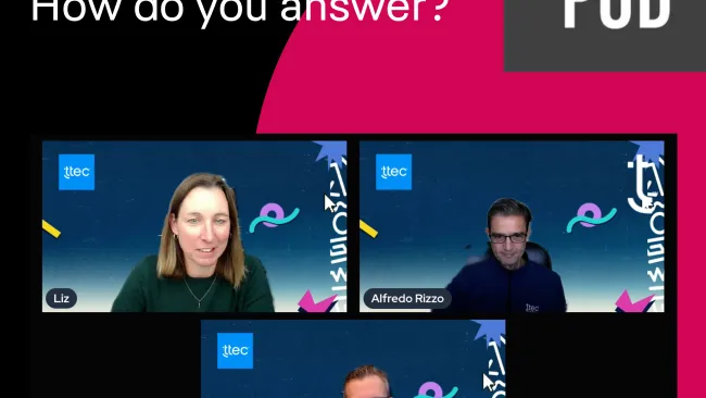 Image of 3 people talking on a webinar with a black and pink theme for the CX Pod