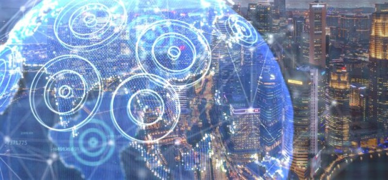 City buildings with transparent globe